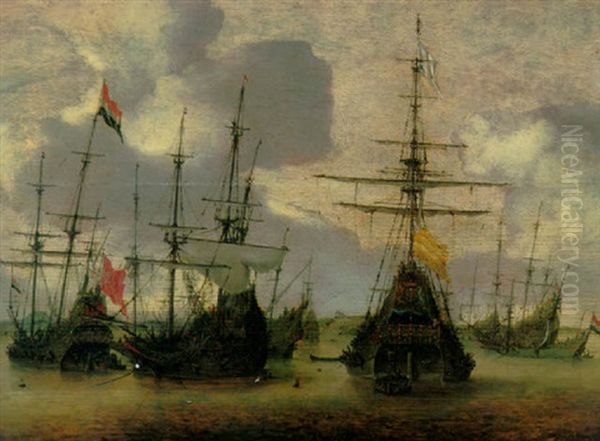 Dutch Men-o-war Anchored Off The Coast Oil Painting by Hendrick Van Anthonissen