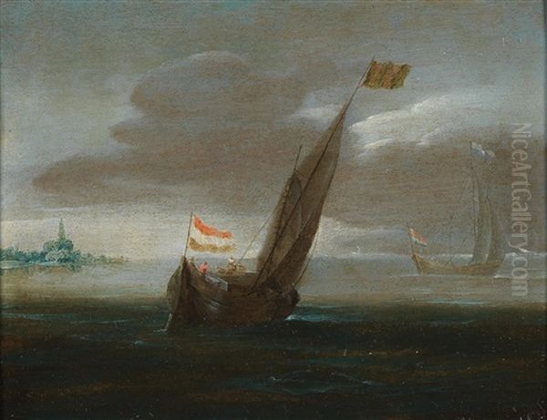 A Fishing Boat On A Choppy Sea Of The Coast Oil Painting by Aert Anthonisz