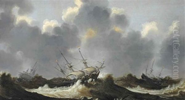 Dutch Three-masters In A Stormy Sea Oil Painting by Aert Anthonisz