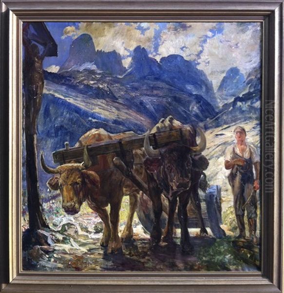 Bauer Mit Ochsengespann Am Wegkreuz Im Gebirge Oil Painting by Max Antlers