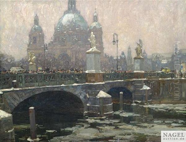 Winterliches Treiben Auf Der Berliner Schlossbrucke Mit Blick Auf Den Dom by Otto Antoine