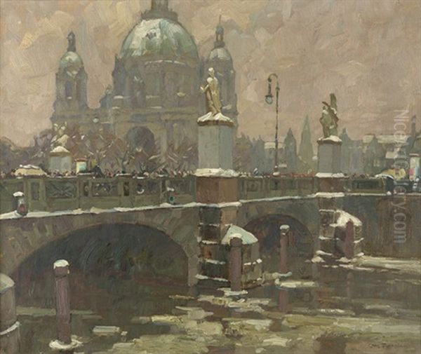 Winterliches Treiben Auf Der Berliner Schlossbrucke Mit Blick Auf Den Dom by Otto Antoine