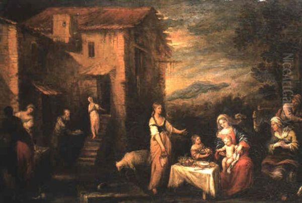 The Holy Family And St. Anne Offered Fruit Outside A Farmhouse Oil Painting by Francisco Antolinez