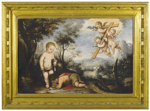 The Infant Ssaint John The Baptist Kissing The Feet Of The Christ Child, Three Angels Carrying A Cross Above Oil Painting by Jose Antolinez