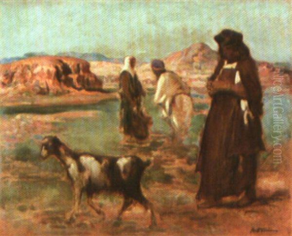 Femmes Arabes Dans Un Oued Oil Painting by Louis-Ferdinand Antoni