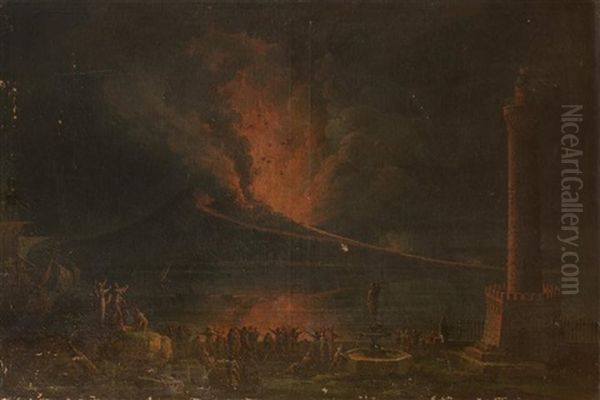 La Baie De Naples, La Nuit Avec L'eruption Du Vesuve Vue Depuis La Riviera Di Chiaia Oil Painting by Pietro Antoniani