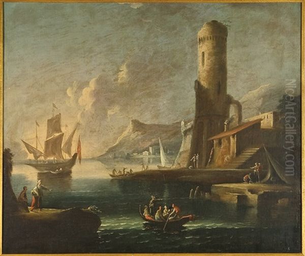 Veduta Di Porto Con Vecchia Torre Oil Painting by Pietro Antoniani