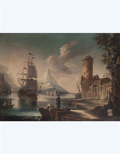 Paesaggio Con Nave, Figure E Torre D'avvistamento Oil Painting by Pietro Antoniani