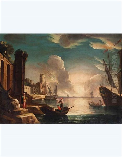 Paesaggio Con Rovine, Barche E Figure Oil Painting by Pietro Antoniani