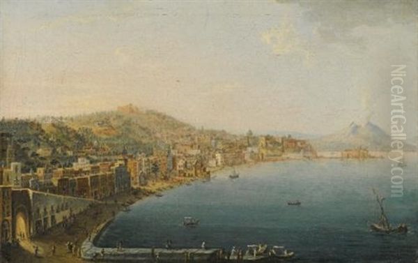 Naples, A View Of The Riviera Di Chiaia From The Convento Di Sant Antonio, With Vesuvius Smoking In The Distance Oil Painting by Pietro Antoniani