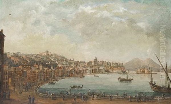 Naples And The Riviera Di Chiaia From The Convento Di Sant'antonio, With Mount Vesuvius In The Distance Oil Painting by Pietro Antoniani