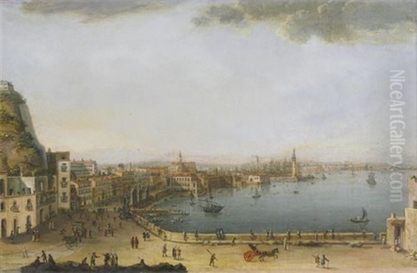 Naples, A View Of The Strada Di Santa Lucia From Pizzofalcone To The Ponte Della Maddalena Oil Painting by Pietro Antoniani