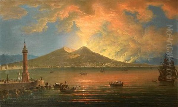 The Bay Of Naples With The Eruption Of Vesuvius Oil Painting by Pietro Antoniani