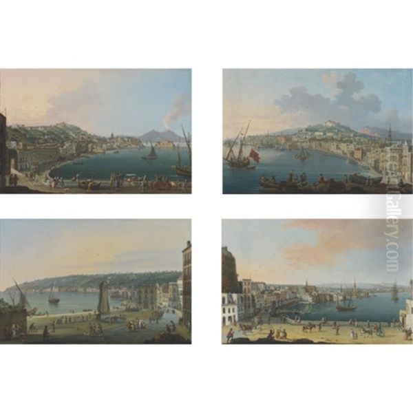 View Of Chiaia, Naples, Looking Towards Vesuvius (+3 Others; 4 Works) Oil Painting by Pietro Antoniani