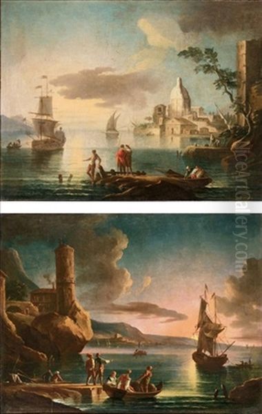 Marina All'alba Con Pescatori, Imbarcazioni E Veduta Di Citta (+ Marina Al Tramonto Con Figure, Imbarcazioni E Faro; Pair) Oil Painting by Pietro Antoniani