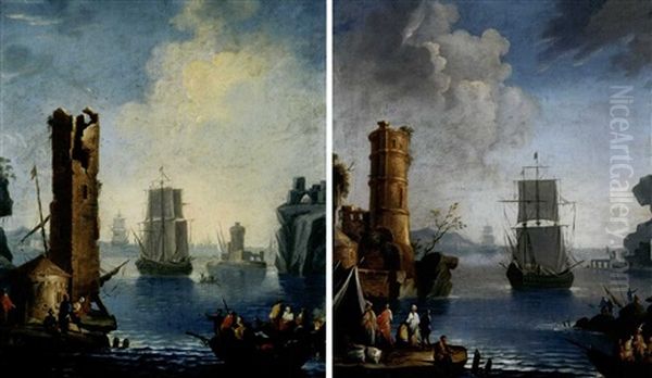 Marine Con Barche, Figure, Mercanti Abbigliati All'orientale E Rovine (pair) Oil Painting by Pietro Antoniani