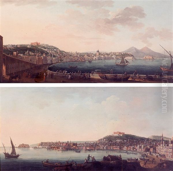 Naples, A View Of The Riviera Di Chiaia From The Convento Di Sant'antonio, With Figures Promenading And Mount Vesuvius Beyond Oil Painting by Pietro Antoniani