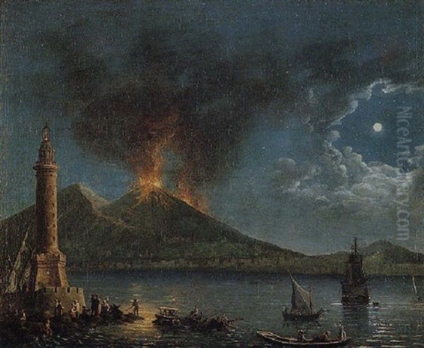 Naples, A View Of The Bay At Night With The Eruption Of Vesuvius Oil Painting by Pietro Antoniani