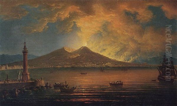 Naples, A View Of The Bay With The Eruption Of Vesuvius Oil Painting by Pietro Antoniani