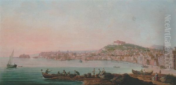 Naples, A View Of The Bay From The Marinella Looking Towards The Molo And The Castel Dell'ovo Oil Painting by Pietro Antoniani