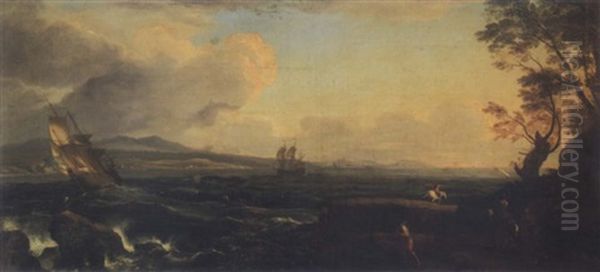 Ships Tossed In Heavy Seas Off A Rocky Shoreline Oil Painting by Pietro Antoniani