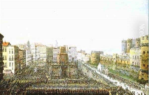 Vue Da La Place Du Chateau Royal A Naples Le Jour Du Carnaval Oil Painting by Pietro Antoniani