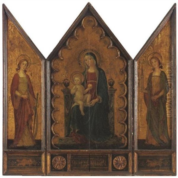 Madonna And Child With St. Catherine And St. Barbara (triptych) Oil Painting by Romano Antoniazzo