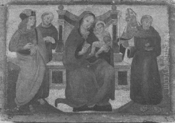 Madonna Con Bambino In Trono Con San Francesco, Sant'ambrogio, Sant'antonio Di Padova E Un Altro Santo Oil Painting by Romano Antoniazzo