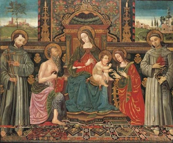 The Madonna And Child Enthroned With Saints Francis Of Assisi, Jerome, Catherine Of Alexandria And Anthony Of Padua Oil Painting by  Antonio Massari da Viterbo