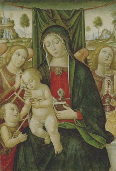 Madonna In Trono Con Bambino E San Giovannino, Tra Due Angeli Oil Painting by  Antonio Massari da Viterbo