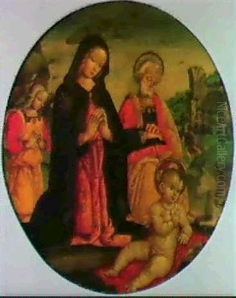 A Tondo: The Holy Family With An Angel, In A Landscape Oil Painting by  Antonio Massari da Viterbo