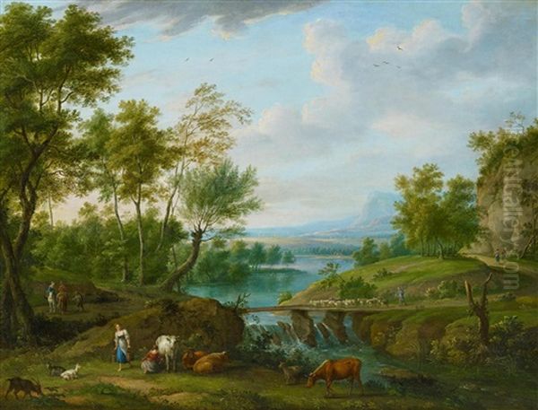 Weite Flusslandschaft Mit Reitern Und Hirten Mit Ihrem Vieh Oil Painting by Henri-Joseph Antonissen