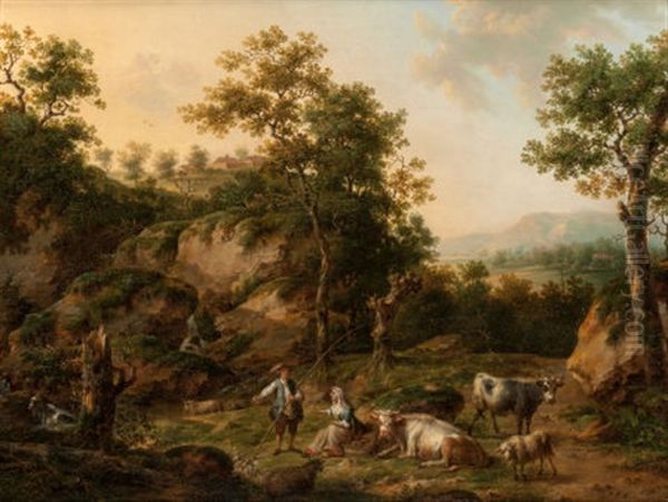 Landscape With Cowherd And Shepherdess Oil Painting by Henri-Joseph Antonissen