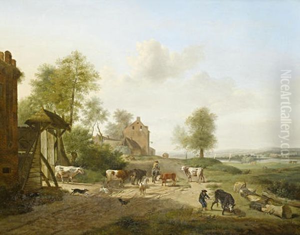 Peasants Grazing Their Cattle In An Open River Landscape Oil Painting by Henri-Joseph Antonissen