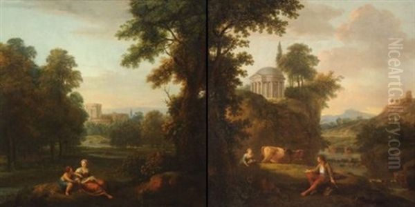 Paysage Aux Bergers Et Temple Circulaire (+ Mere Et Son Enfant Dans Un Paysage; Pair) Oil Painting by Henri-Joseph Antonissen