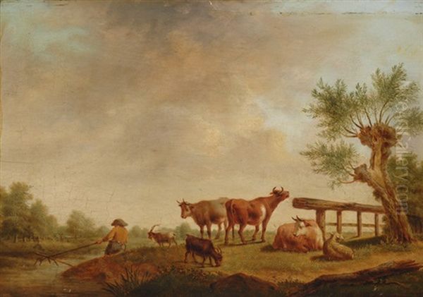 Landscape With Fisherman And Cows Oil Painting by Henri-Joseph Antonissen