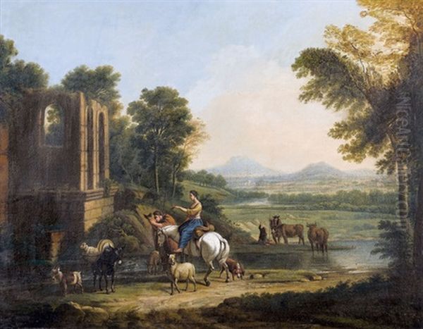 Personnages Et Animaux Dans Un Paysage Avec Ruines Oil Painting by Henri-Joseph Antonissen