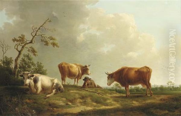 A Pastoral Landscape With Cattle And A Herdsman Oil Painting by Henri-Joseph Antonissen