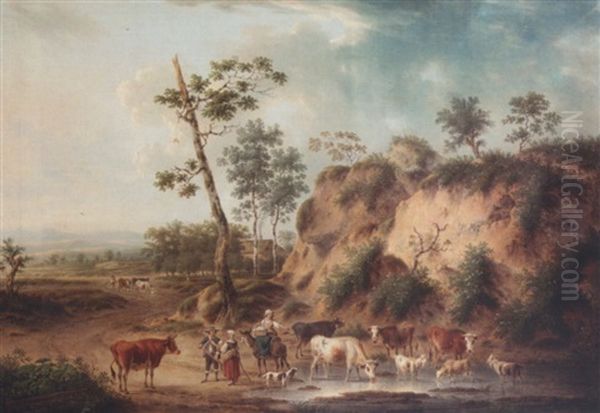 Peasants With Cattle In An Open Landscape Oil Painting by Henri-Joseph Antonissen