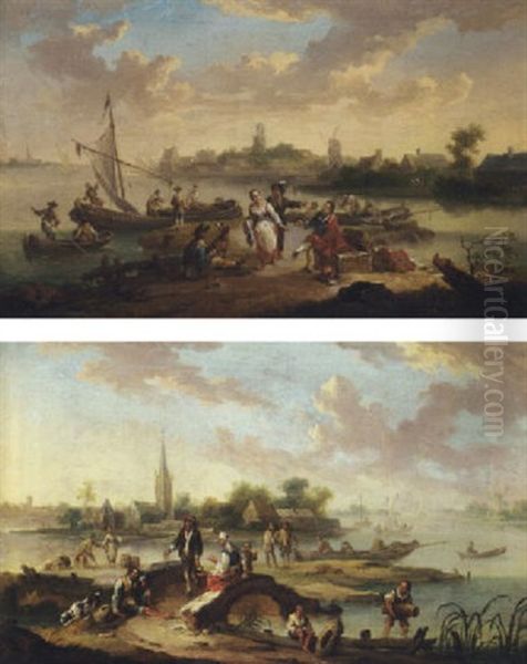 A River Landscape With Traders And Townsfolk By A Ferry, A Windmill In The Distance Oil Painting by Henri-Joseph Antonissen