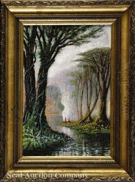 Early Morning On The Bayou Among The Cypress Trees Oil Painting by John Antrobus