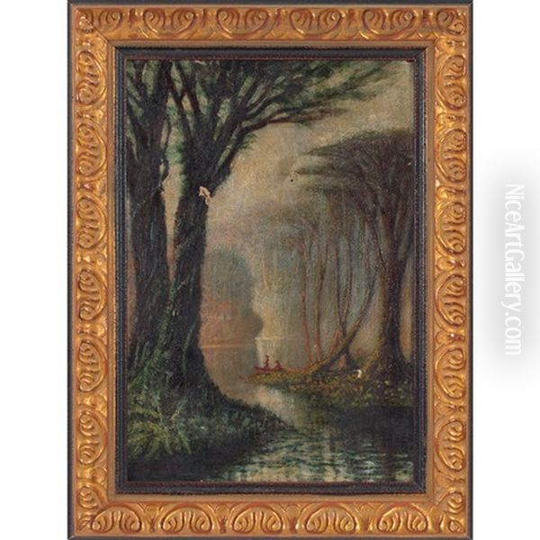 Early Morning View Of Cypress Trees Along The Bayou Oil Painting by John Antrobus