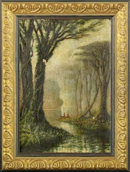 Early Morning View Of Cypress Trees Along The Bayou With Two Fisherman In A Pirogue Oil Painting by John Antrobus