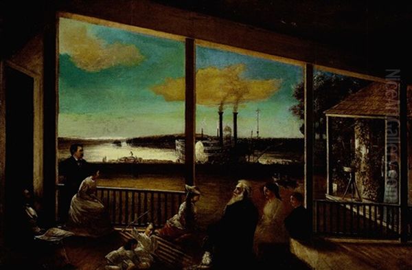 Family On A Plantation Porch Overlooking The River And Flooded Levee With A Steamboat In The Distance Oil Painting by John Antrobus