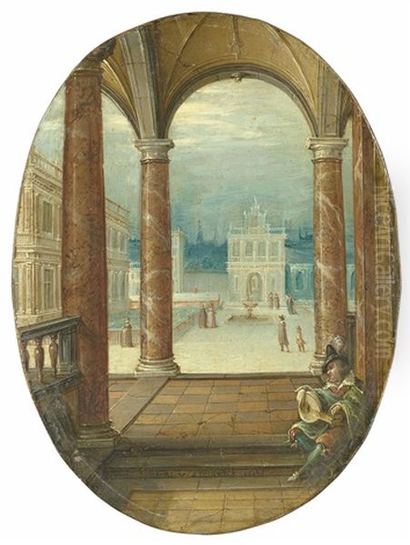 The Courtyard Of A Renaissance Palace, Viewed From A Portico, With A Lute Player In The Foreground Oil Painting by Aert van Antum