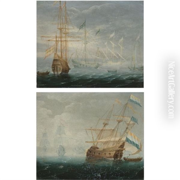 Dutch And Spanish Ships On Calm Seas (pair) Oil Painting by Aert van Antum