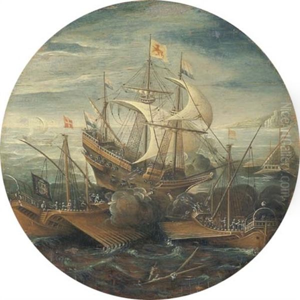 Battaglia Navale Tra Galeone E Due Galere Oil Painting by Aert van Antum