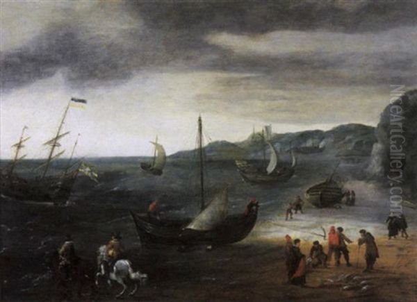 A Coastal Landscape With Two Elegant Riders And Fishermen Taking In Their Catch On A Beach With Fishing Vessels Oil Painting by Aert van Antum