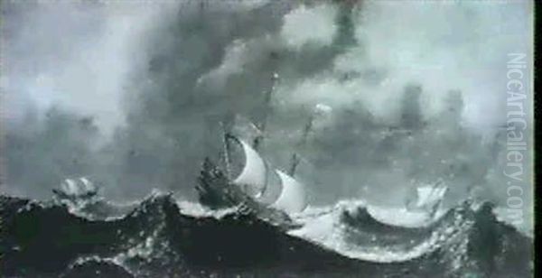 Shipping On A Stormy Sea Oil Painting by Aert van Antum