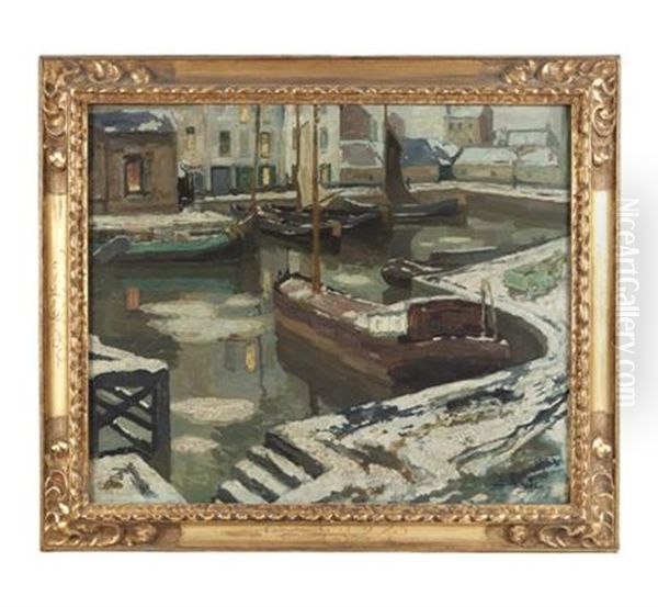 Barges In A Harbor In Winter Oil Painting by Armand Adrien Marie Apol